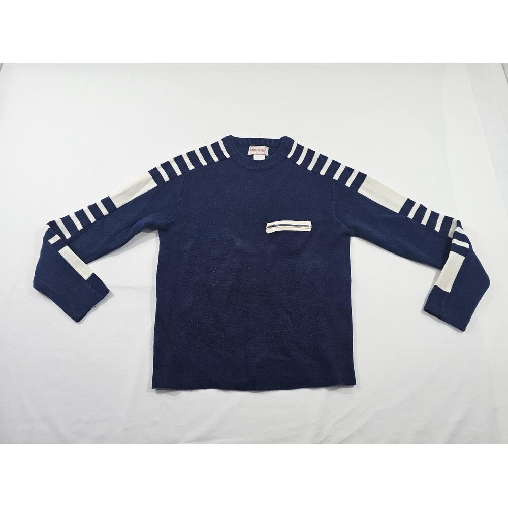 Joshua Striped Sleeve Pullover Sweater, Navy Blue Acrylic, Sz M 1980s